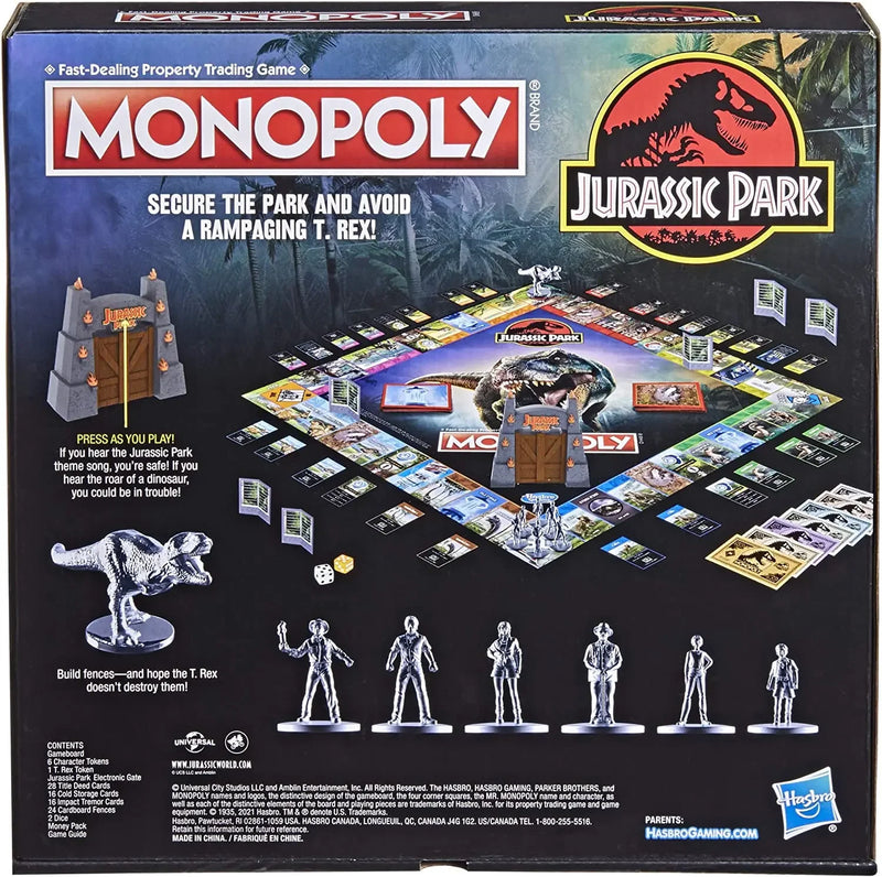 Original Hasbro Monopoly Board Game Jurassic Park Edition T. Rex Token Electronic Gate Party Game for Family Collector Toys Gift