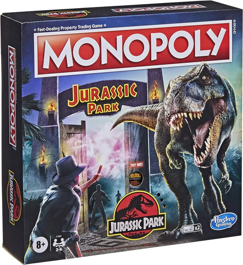 Original Hasbro Monopoly Board Game Jurassic Park Edition T. Rex Token Electronic Gate Party Game for Family Collector Toys Gift