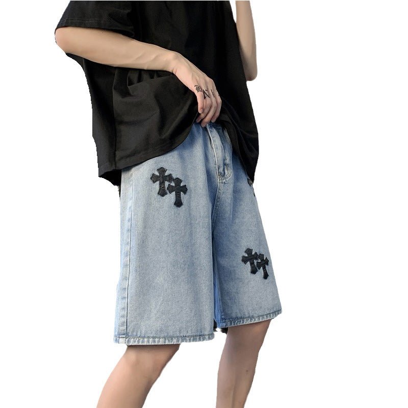 Men's Fashion Embroidered Cross Denim Shorts - SHAKLABS STORE